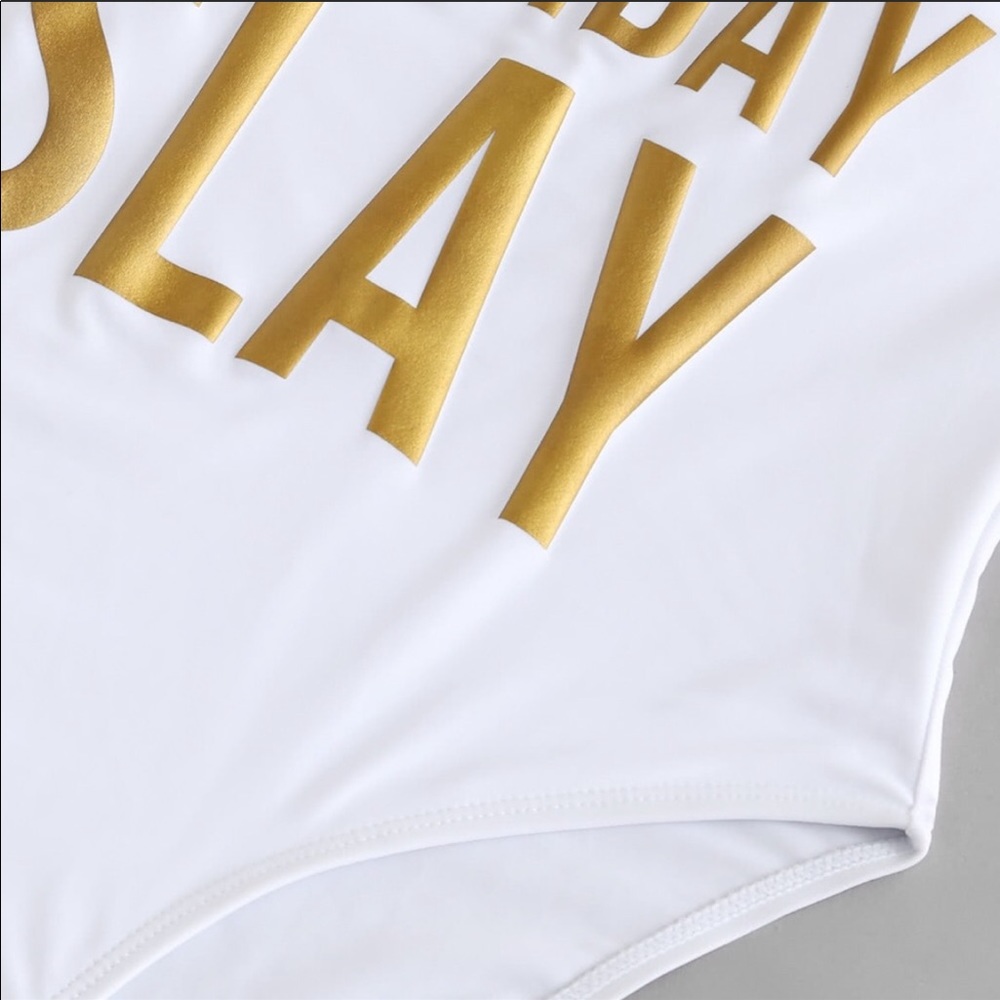 Gold And White Birthday Slay One Piece Bathing Suit - Picture 2 of 3